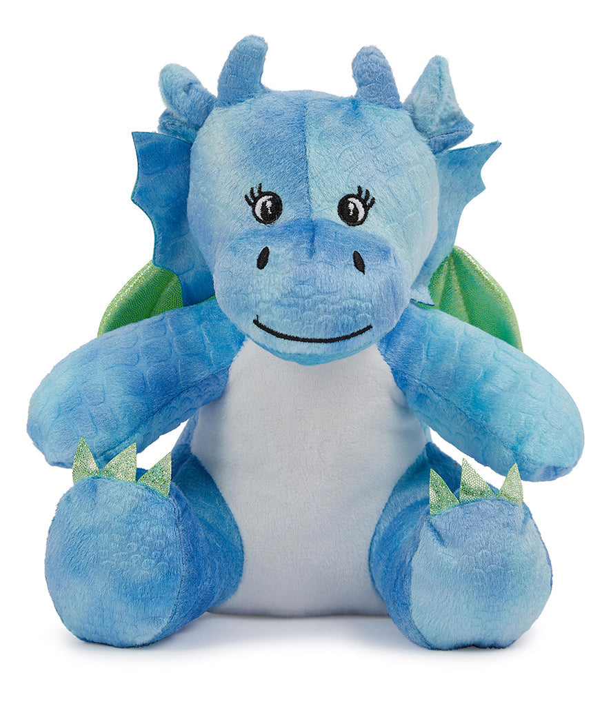 Mumbles Blue Dragon plush toy with soft blue and white fur, green wings, and embroidered eyes, ideal for sublimation printing and gifting.