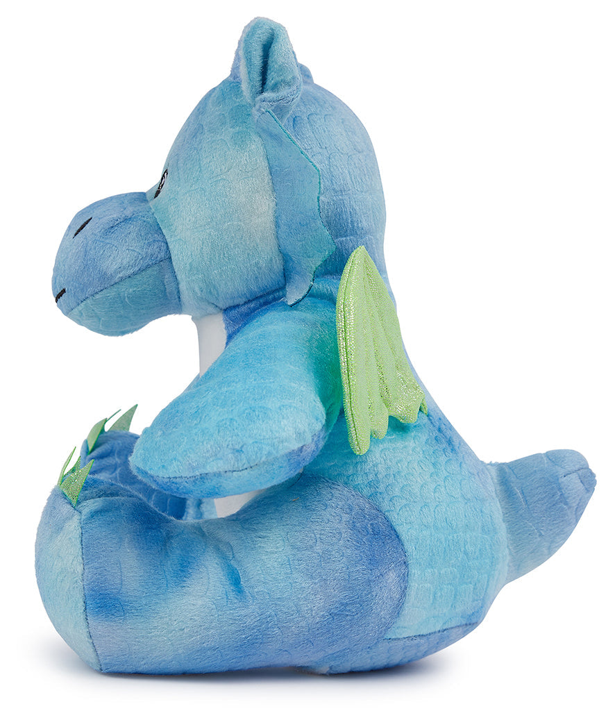 Side profile of Mumbles Blue Dragon stuffed animal highlighting textured blue fabric and sublimation-ready white belly.