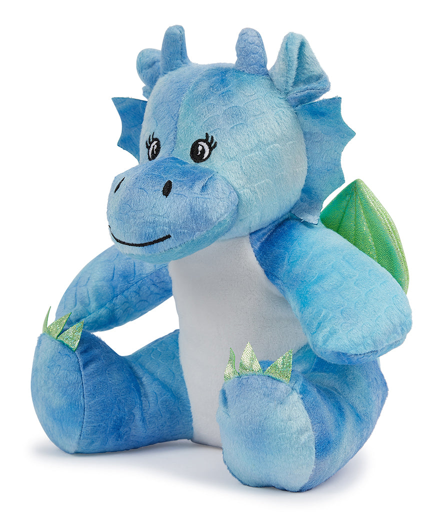 Angled view of Mumbles Blue Dragon plush featuring friendly face, soft claws, and customizable surface for unique keepsakes.