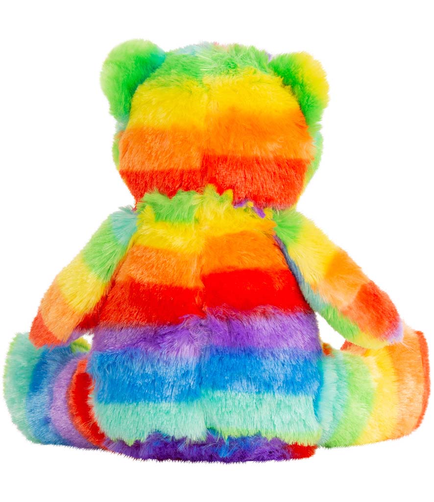 Back view of Mumbles Rainbow Bear showing full rainbow-striped fur, perfect for personalized sublimation designs and keepsakes.