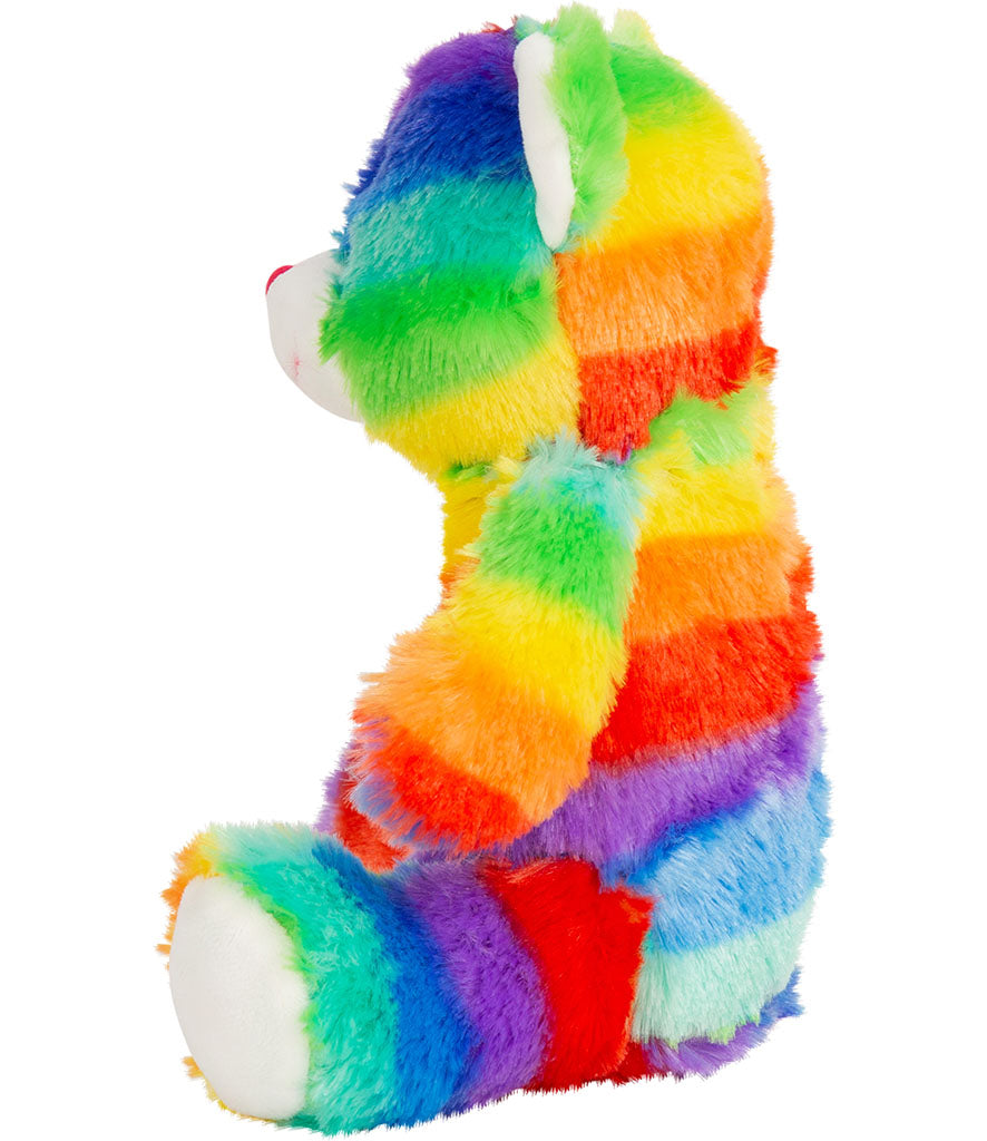 Left profile of Mumbles Rainbow Bear featuring plush rainbow fur and sublimation-ready surface for personalized toy creations.
