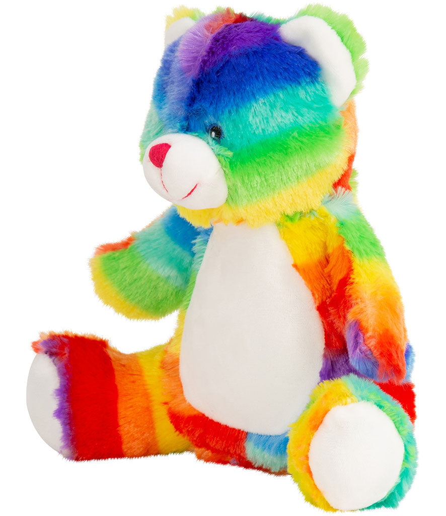 Side angle of Mumbles Rainbow Bear highlighting colorful fur and soft white belly, great for custom toy gifts and display.