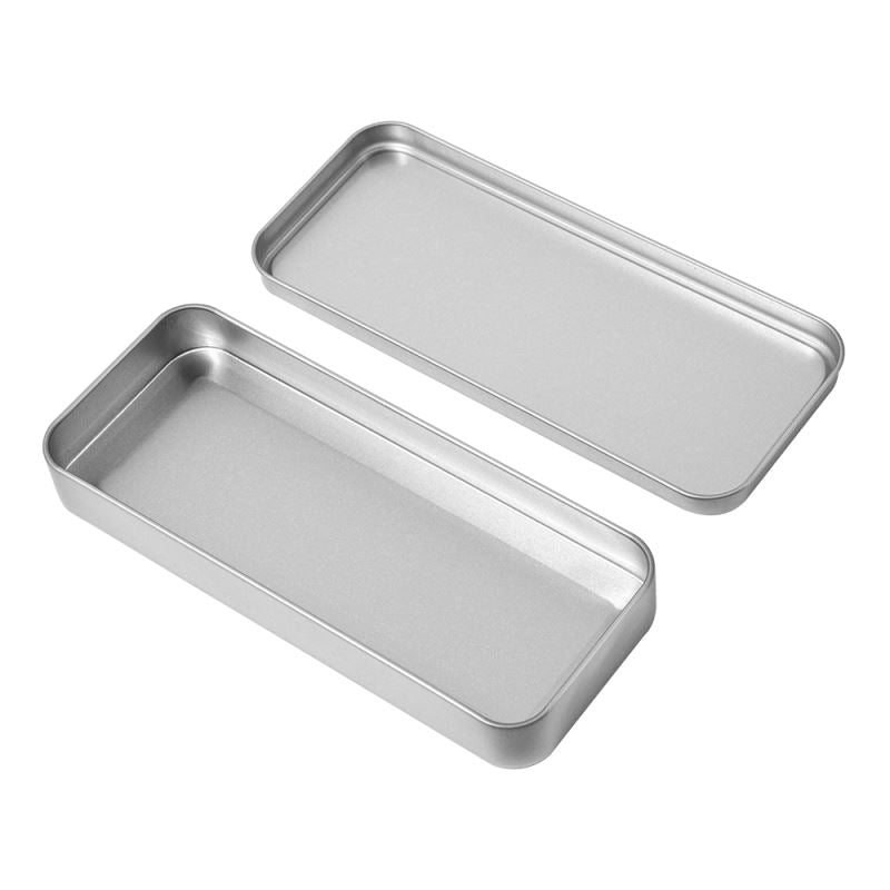Open Silver Metal Stationary Tin showing spacious interior, perfect for storing writing tools or customizing as a sublimation pencil case.