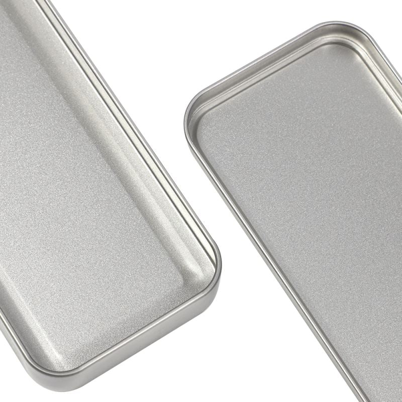 Detailed view of open Silver Metal Stationary Tin, showcasing its blank surface suitable for sublimation and personalized office supplies.