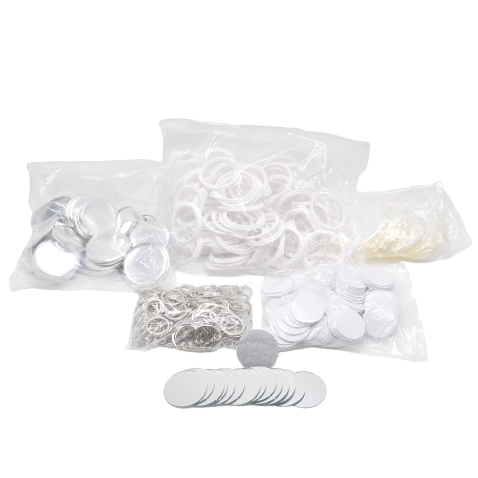 Mirror Keychain - 58mm Badge set includes blank metal badges, plastic rings, and keychain parts for custom badge-making and promotional gifts.