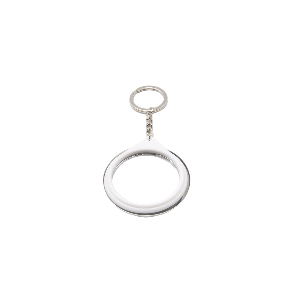 Back view of 58mm Mirror Keychain frame showing plastic ring and keyring attachment, designed for use with badge-making machines and customisation.