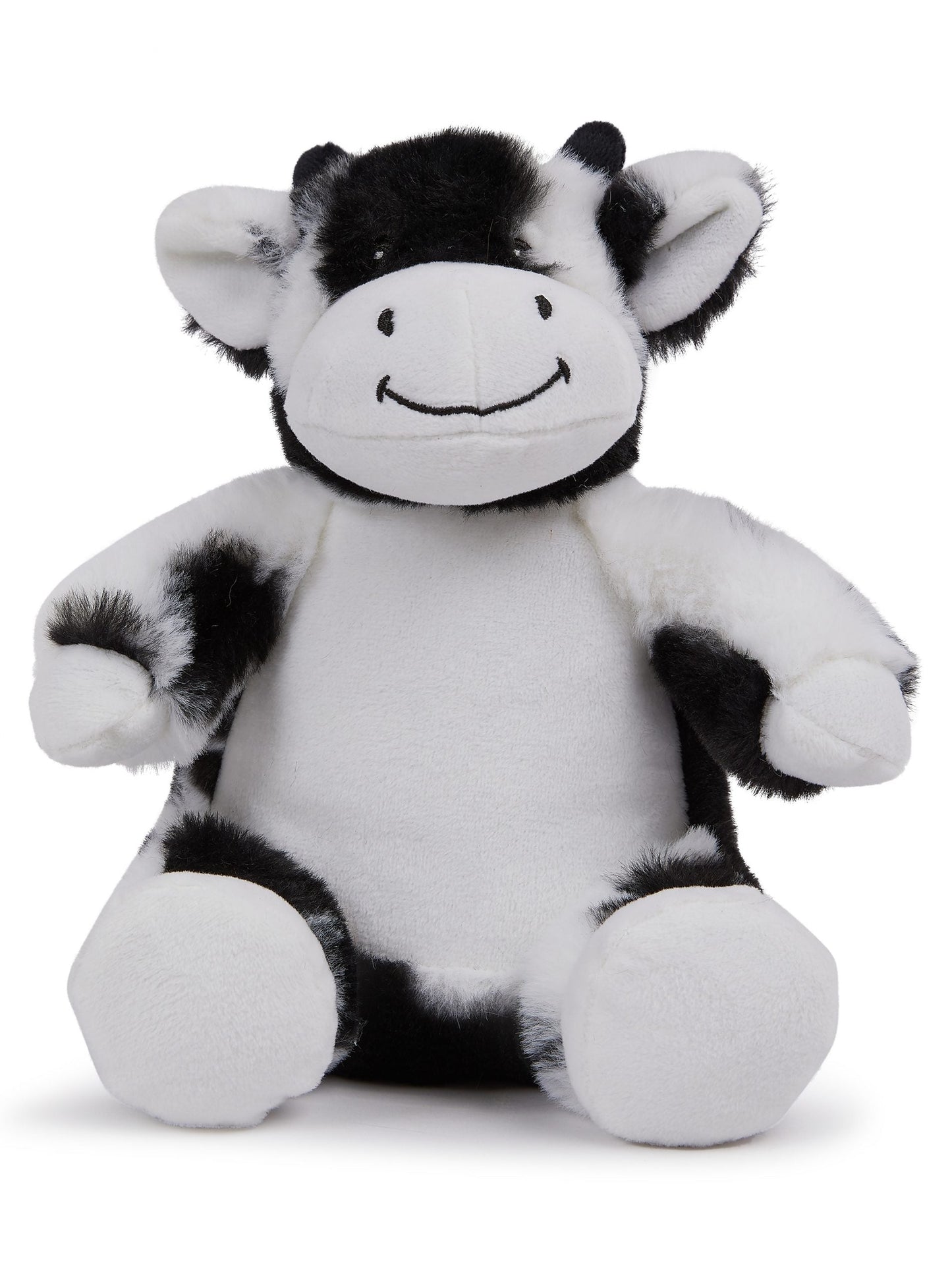 Mumbles Black & White Cow - Sublimation Blank plush toy with soft fur and a smiling face, ideal for personalisation and gifting.