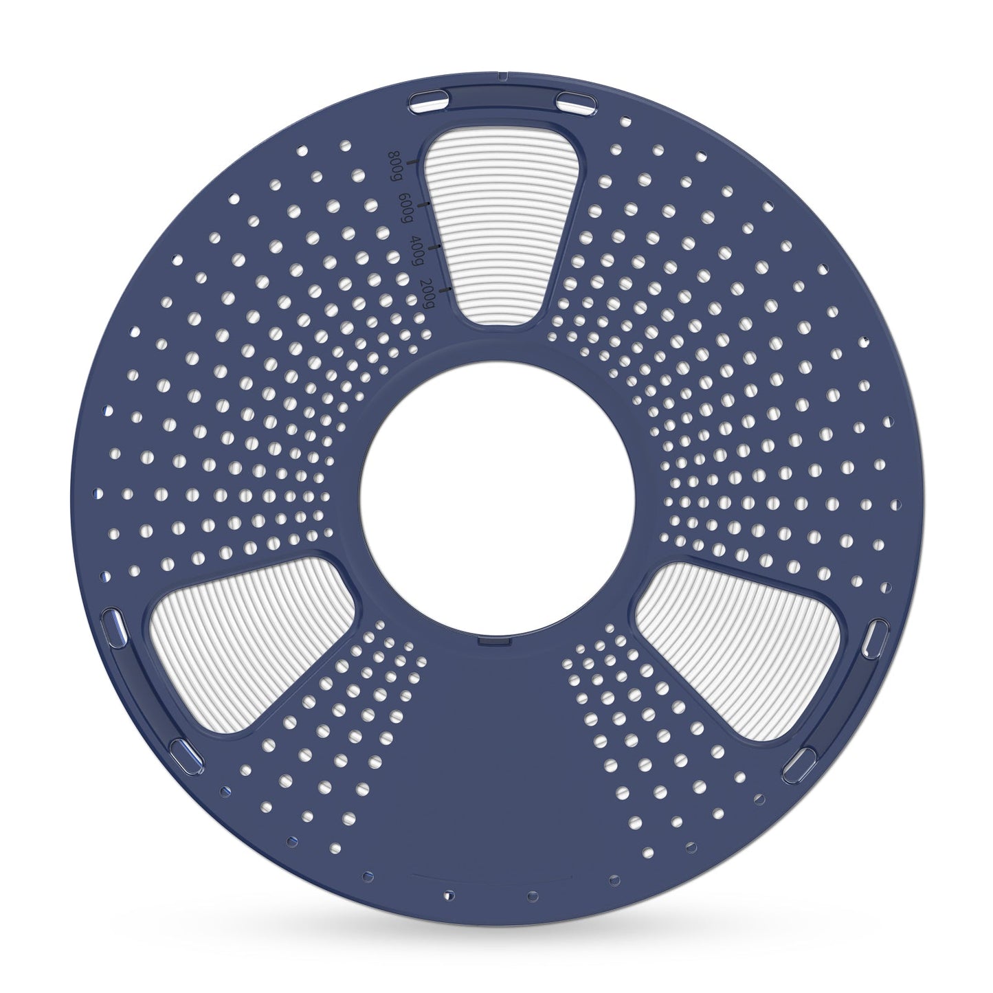 Sunlu PETG White - Filament 1KG on a blue circular 3D printing spool with ventilated design and holes for easy filament feeding.