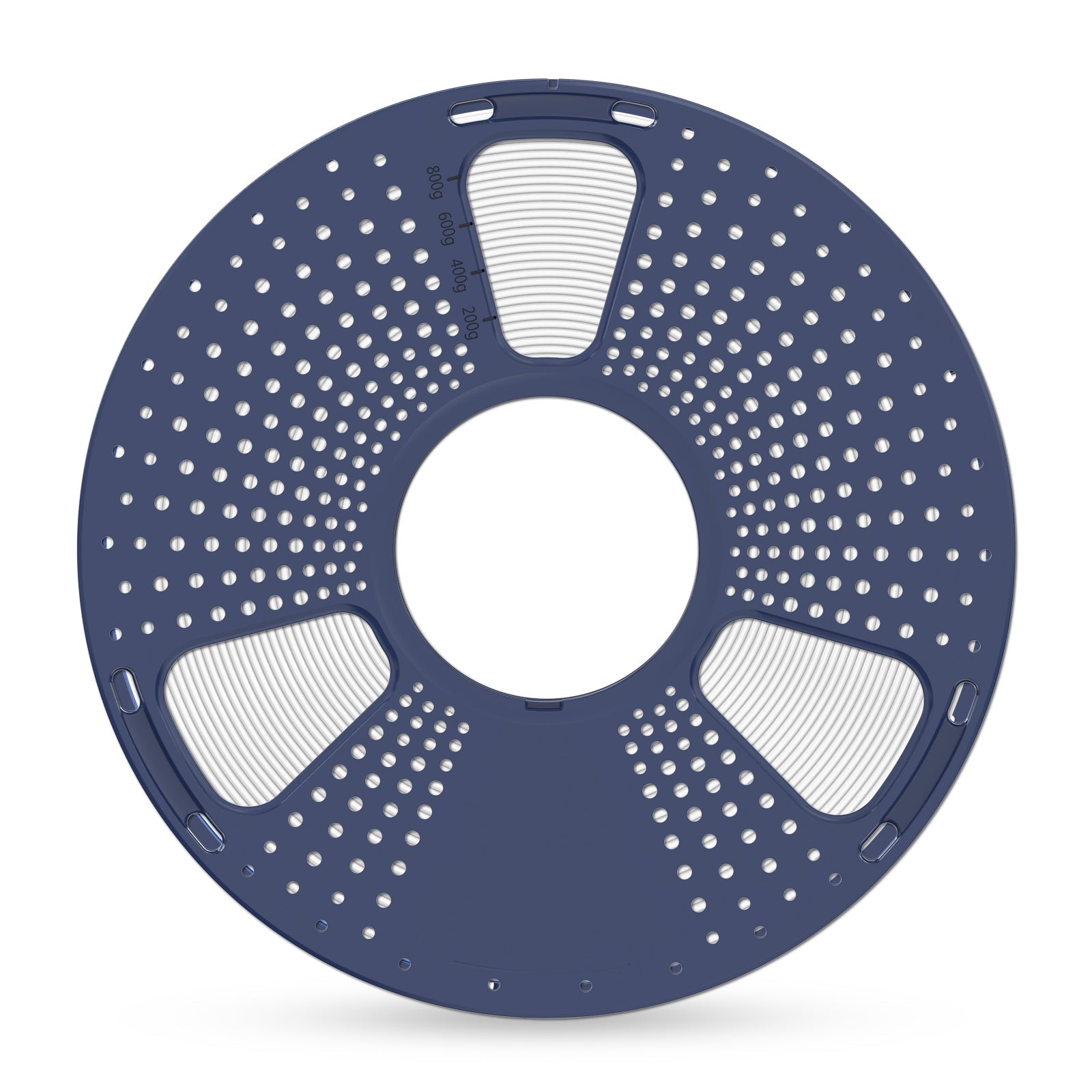 Sunlu PETG White - Filament 1KG on a blue circular 3D printing spool with ventilated design and holes for easy filament feeding.