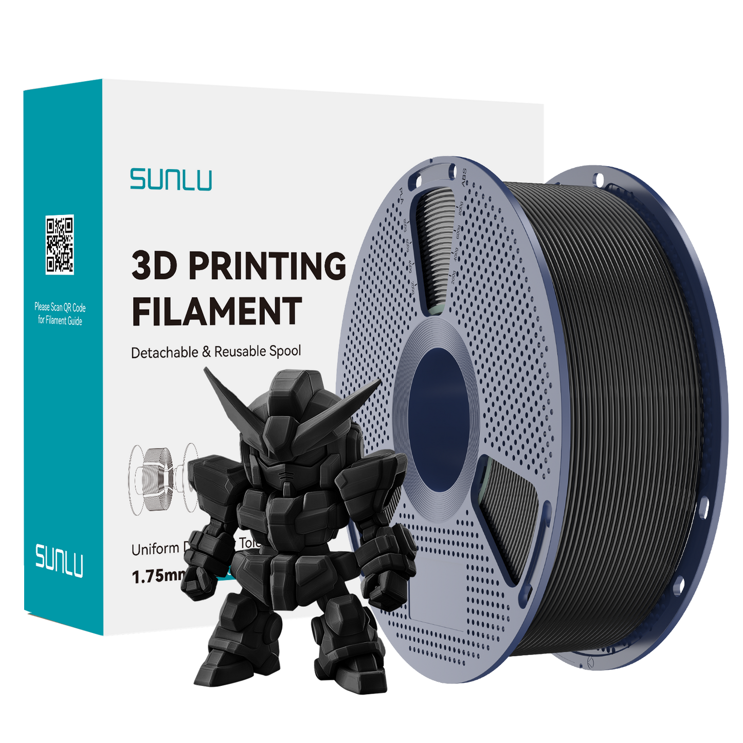 Sunlu PLA+ 2.0 Black Filament spool with a black 3D printed model and packaging.
