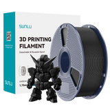 Sunlu PLA+ 2.0 Black Filament spool with a black 3D printed model and packaging.
