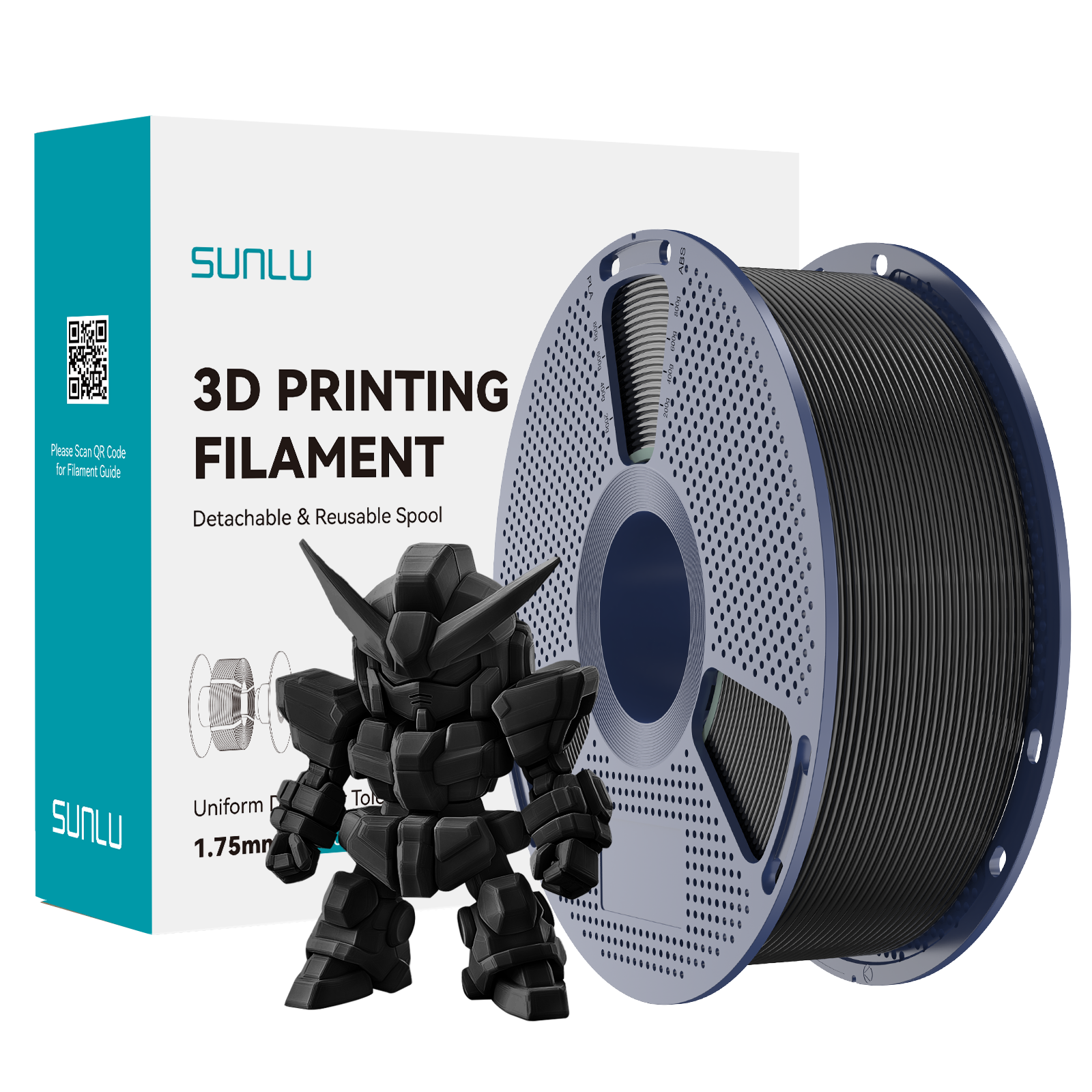 Sunlu PLA+ 2.0 Black Filament spool with a black 3D printed model and packaging.