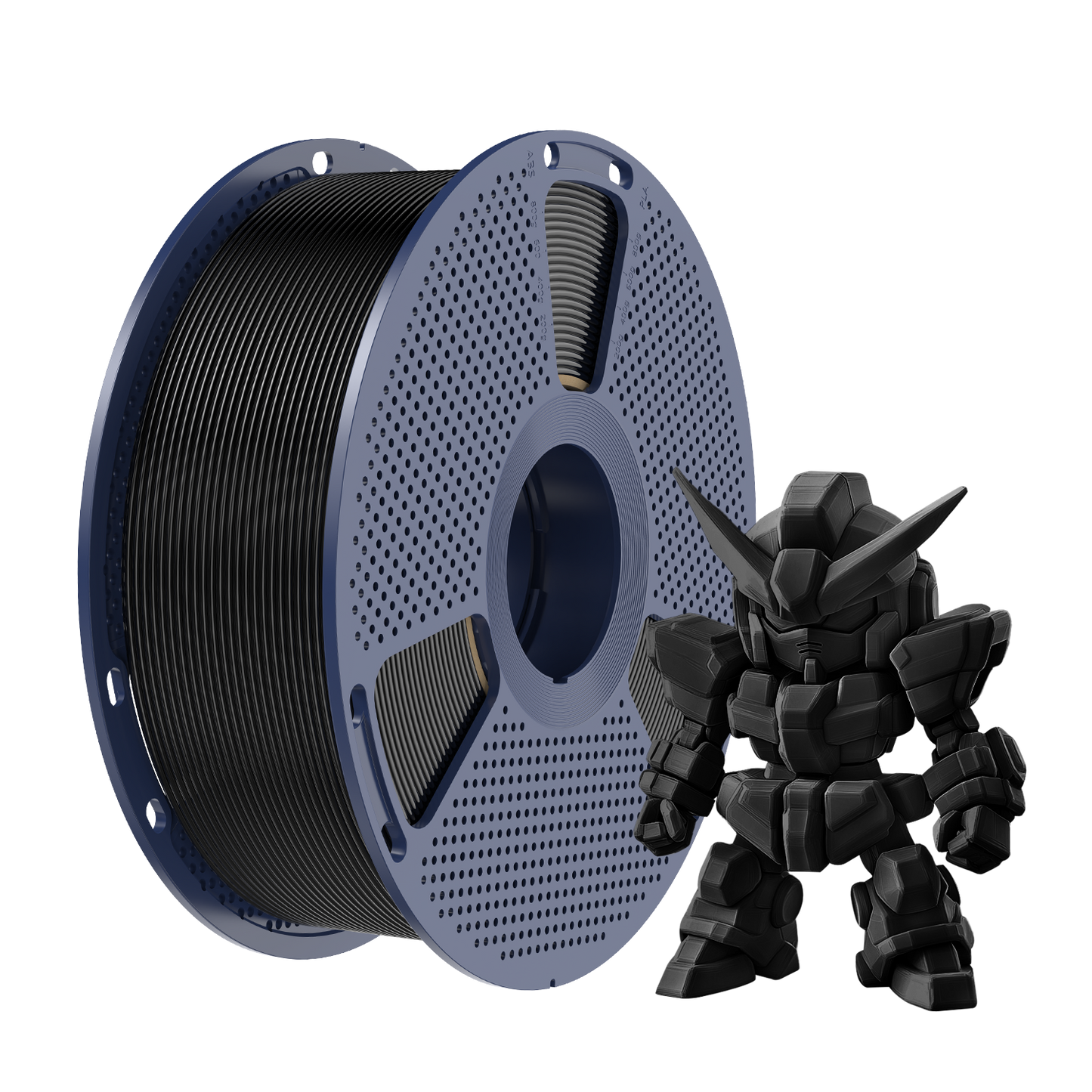 Sunlu PLA+ 2.0 Black Filament spool next to a black 3D printed model.