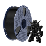 Sunlu PLA+ 2.0 Black Filament spool next to a black 3D printed model.
