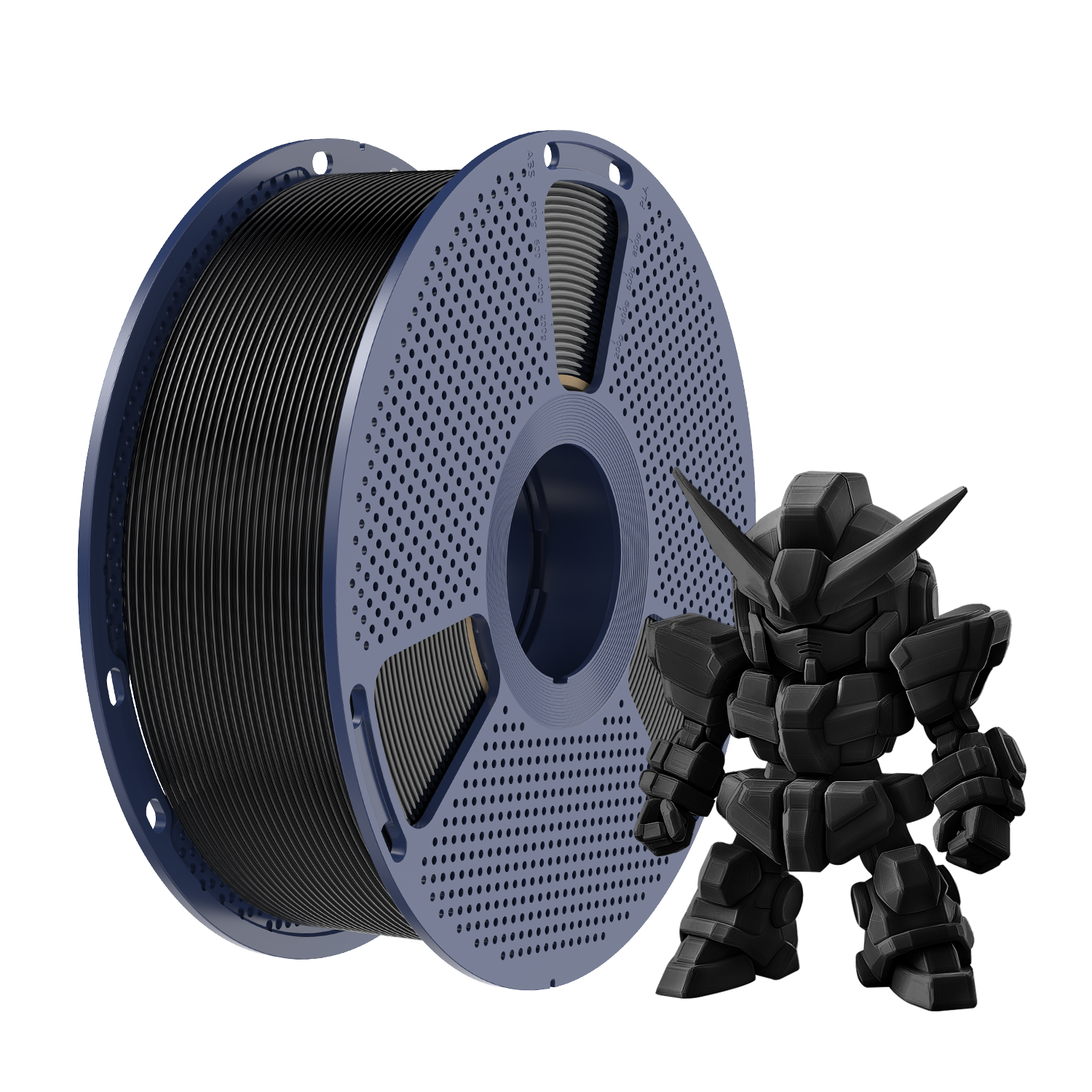 Sunlu PLA+ 2.0 Black Filament spool next to a black 3D printed model.