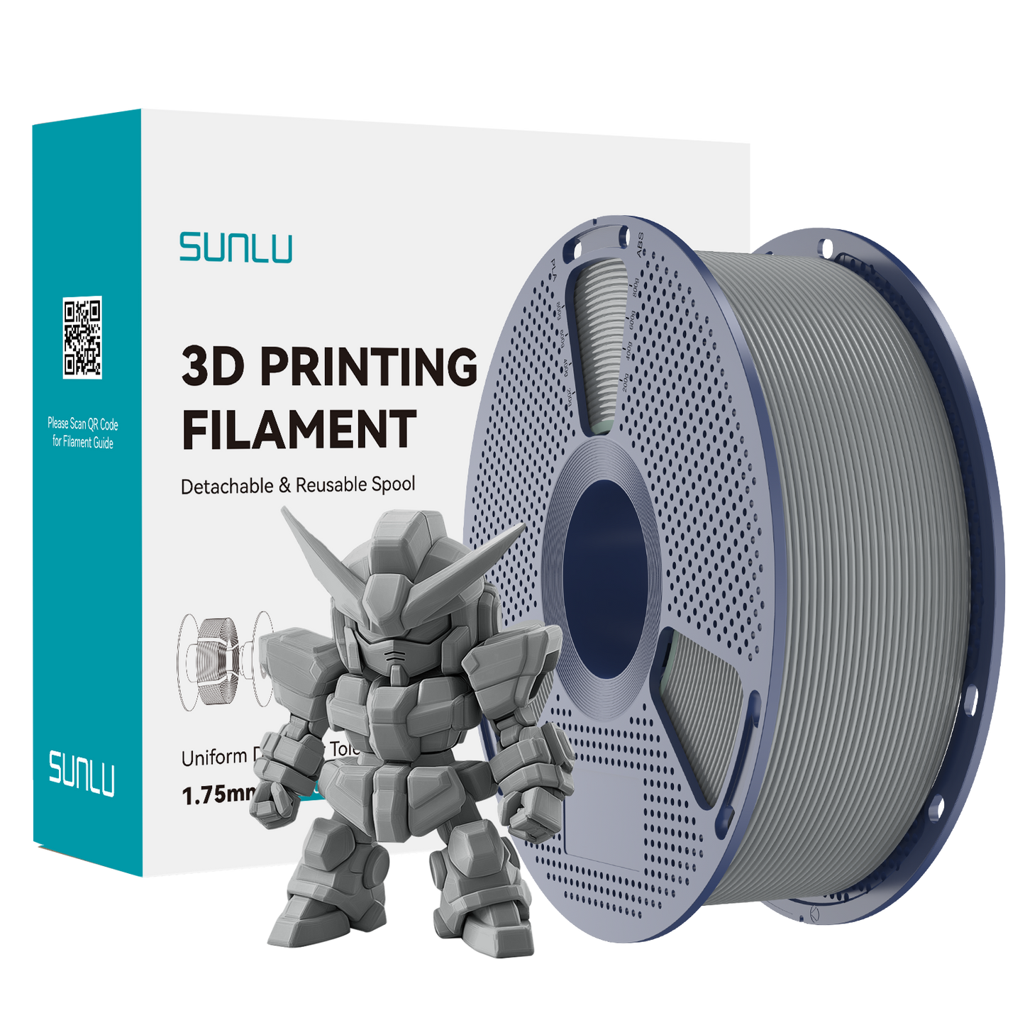 Sunlu PLA+ 2.0 Grey Filament spool with a detailed model beside it, ideal for quality 3D prints.
