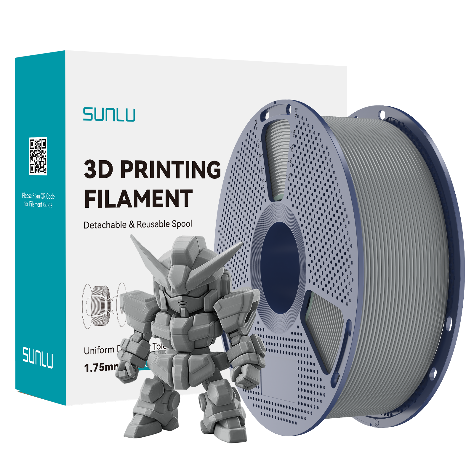 Sunlu PLA+ 2.0 Grey Filament spool with a detailed model beside it, ideal for quality 3D prints.