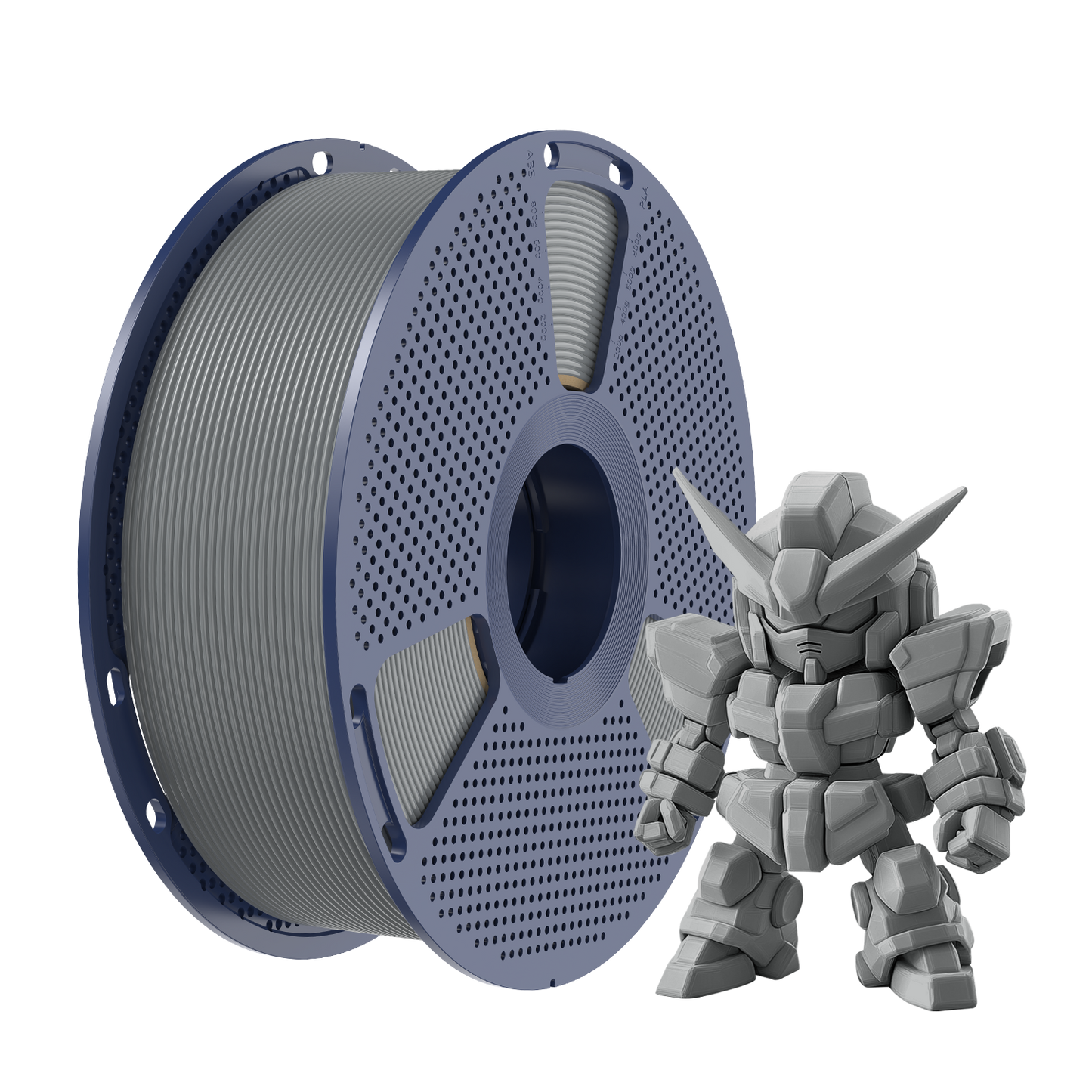 Sunlu PLA+ 2.0 Grey Filament spool next to a grey model figure, showcasing high-quality 3D printing materials.