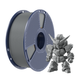 Sunlu PLA+ 2.0 Grey Filament spool next to a grey model figure, showcasing high-quality 3D printing materials.
