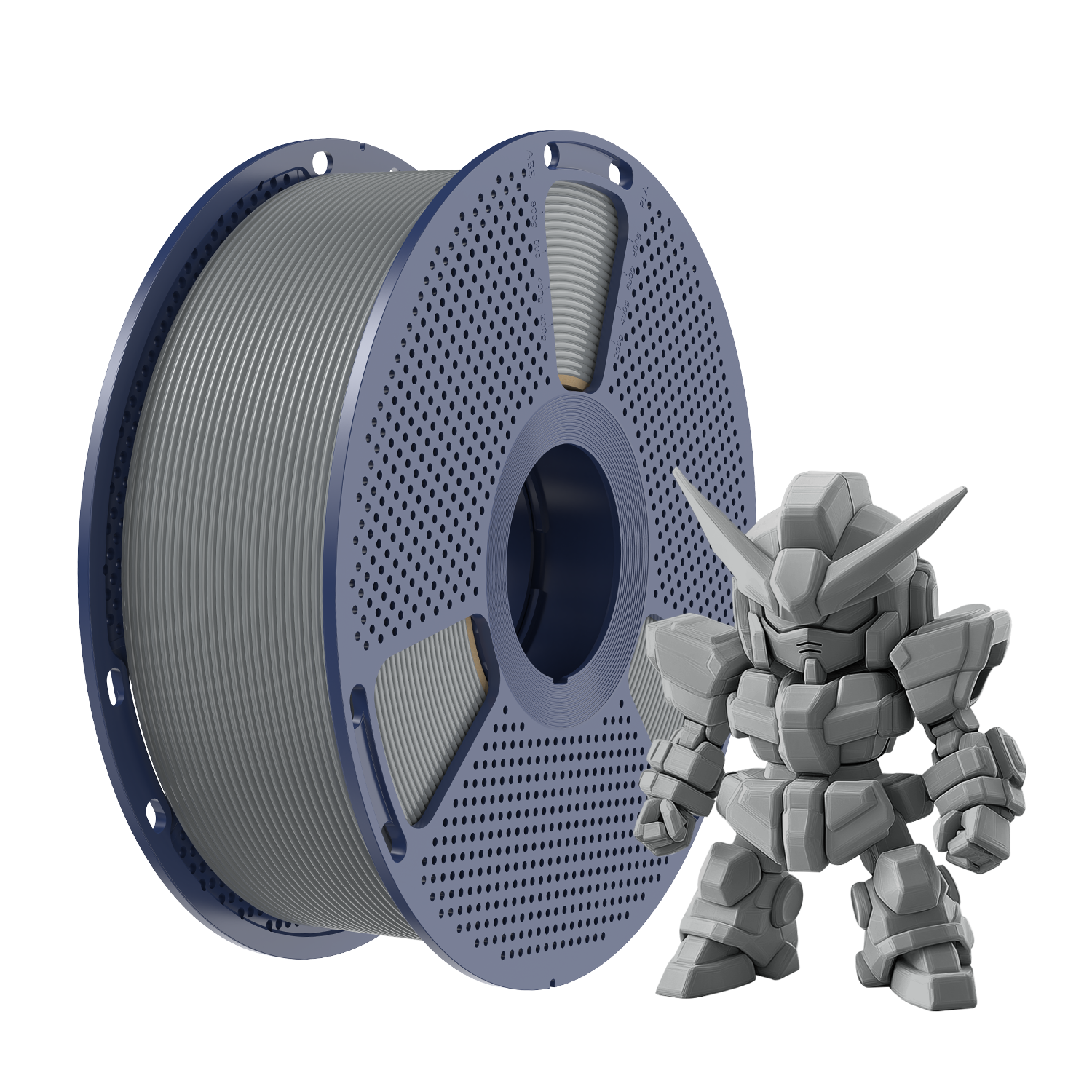 Sunlu PLA+ 2.0 Grey Filament spool next to a grey model figure, showcasing high-quality 3D printing materials.