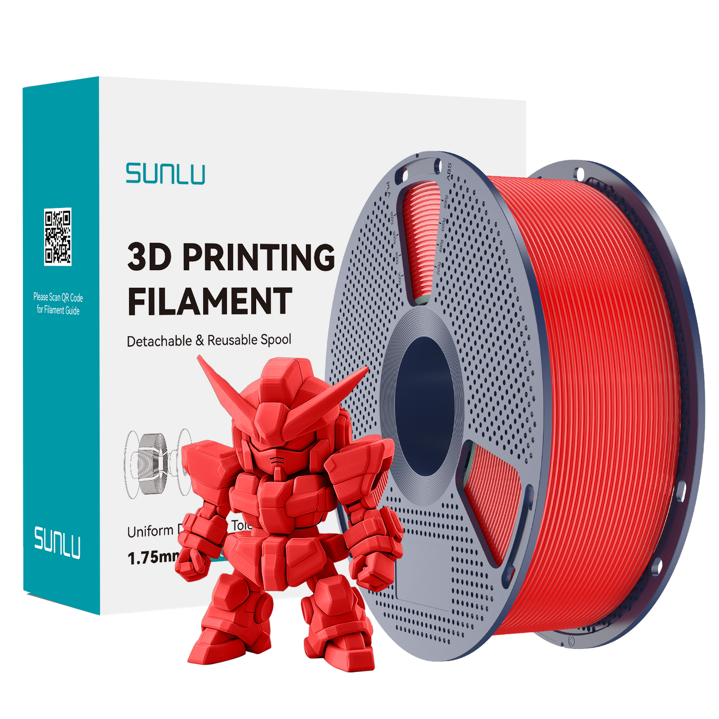 Sunlu PLA+ 2.0 Red Filament 1.75mm spool with red 3D printed model beside packaging.