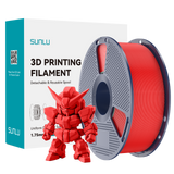 Sunlu PLA+ 2.0 Red Filament 1.75mm spool with red 3D printed model beside packaging.