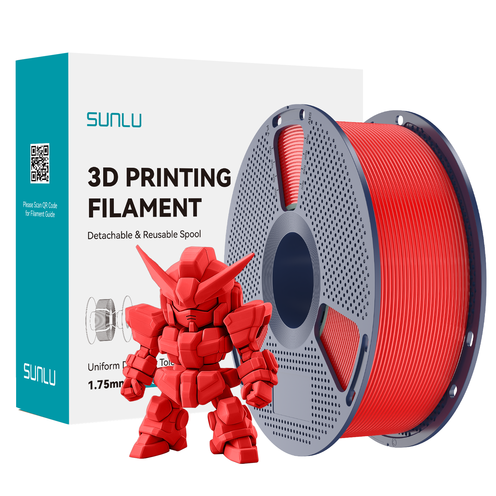 Sunlu PLA+ 2.0 Red Filament 1.75mm spool with red 3D printed model beside packaging.
