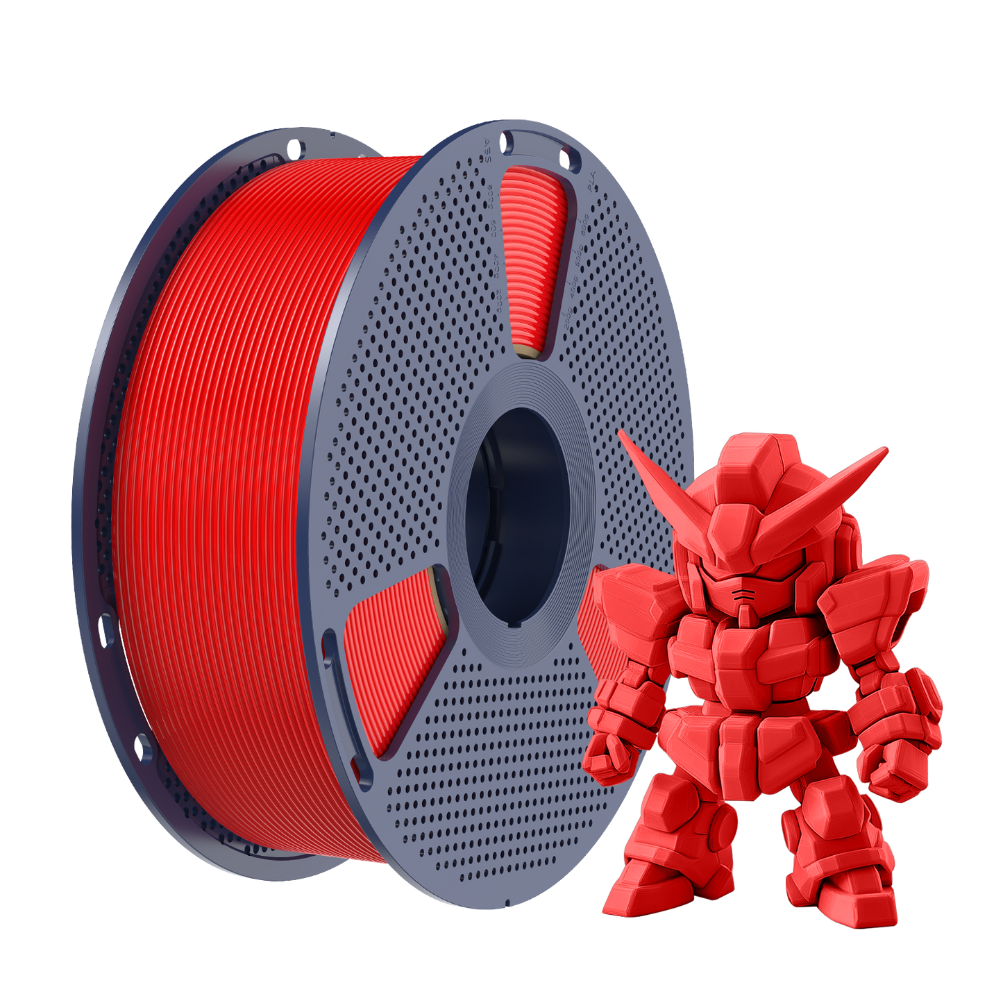 Sunlu PLA+ 2.0 Red Filament spool alongside a red model figure, showcasing filament quality and color.