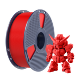 Sunlu PLA+ 2.0 Red Filament spool alongside a red model figure, showcasing filament quality and color.