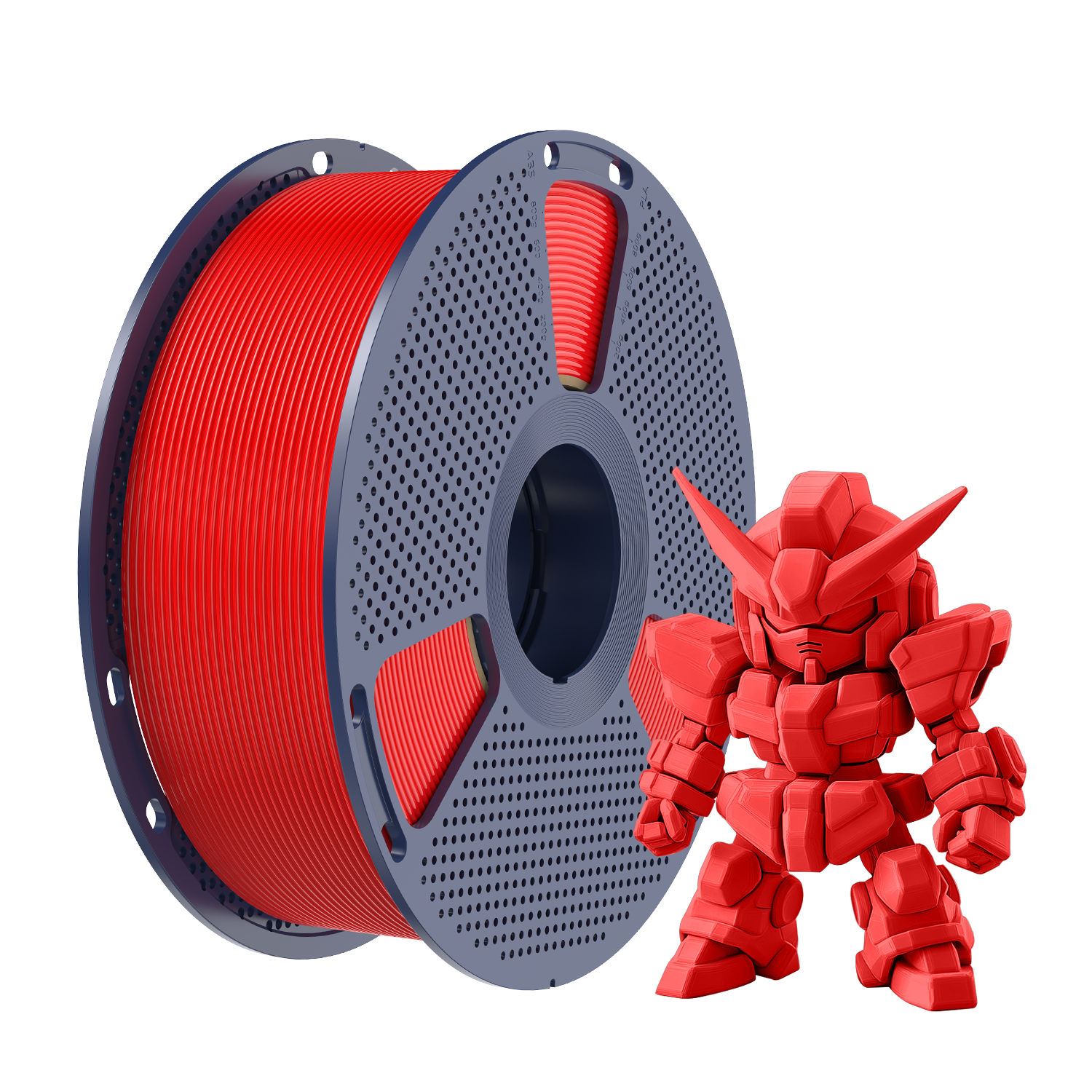Sunlu PLA+ 2.0 Red Filament spool alongside a red model figure, showcasing filament quality and color.