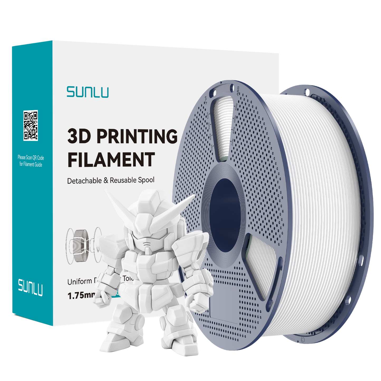 Sunlu PLA+ 2.0 White Filament in a spool with a 3D printed model, showcasing its premium quality and bright color.