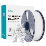 Sunlu PLA+ 2.0 White Filament in a spool with a 3D printed model, showcasing its premium quality and bright color.