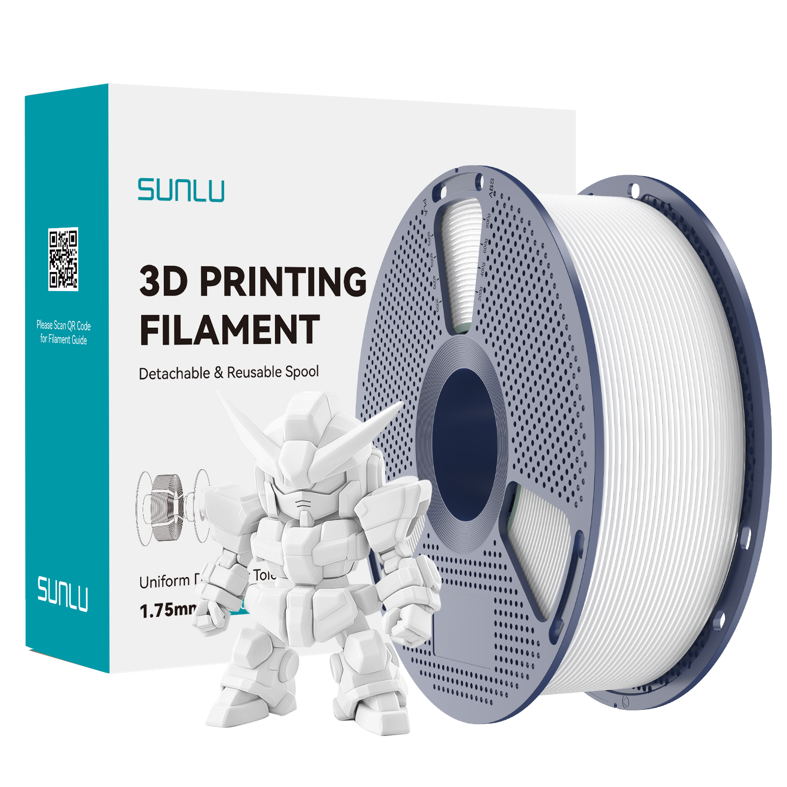 Sunlu PLA+ 2.0 White Filament in a spool with a 3D printed model, showcasing its premium quality and bright color.