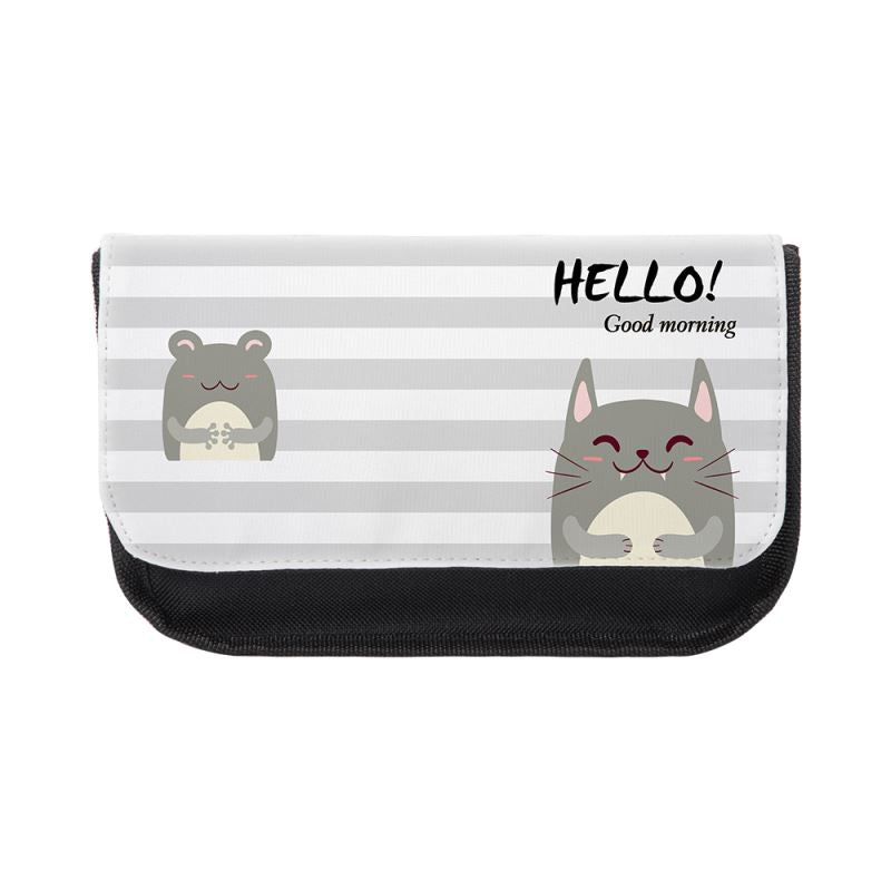 Sublimation blank pencil case with cute cartoon animal design and text on striped background