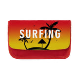 Red sublimation pencil case with surfing design, palm trees and sunset gradient