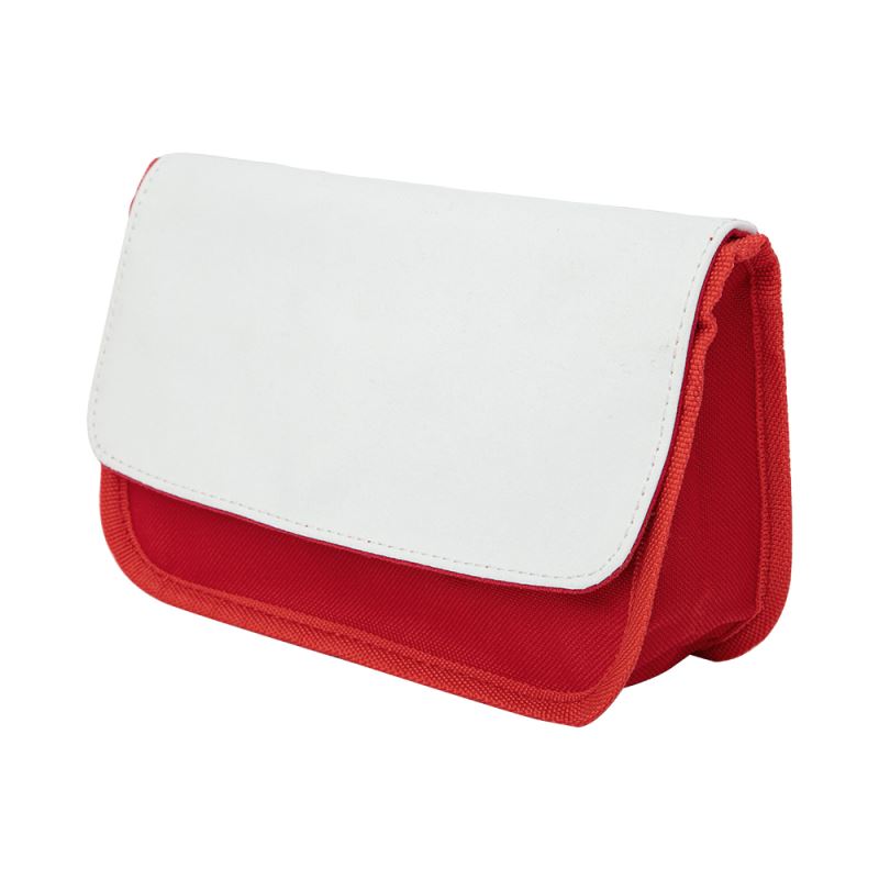 Red and white blank pencil case for sublimation or laser engraving, angled view