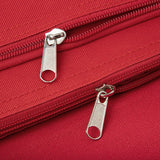 Close-up of red blank pencil case with two metal zippers, ideal for sublimation or engraving