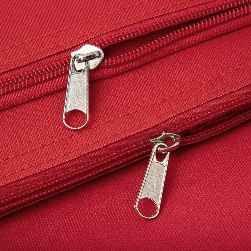 Close-up of red blank pencil case with two metal zippers, ideal for sublimation or engraving