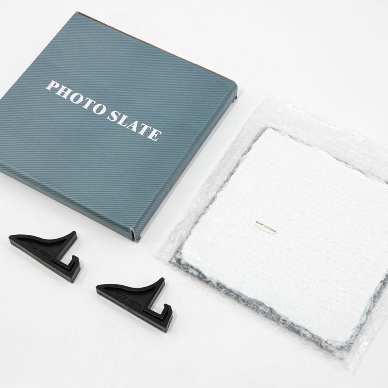 Glossy photo rock slate coaster blank with bubble wrap, box, and display stands for sublimation or laser engraving