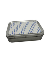 Rectangle sublimation metal tin with lid, ideal for custom mobile phone accessory storage or gift packaging in a sleek aluminium finish.