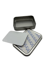 Open small aluminium sublimation tin with removable lid, perfect for personalized mobile phone case storage or decorative use.