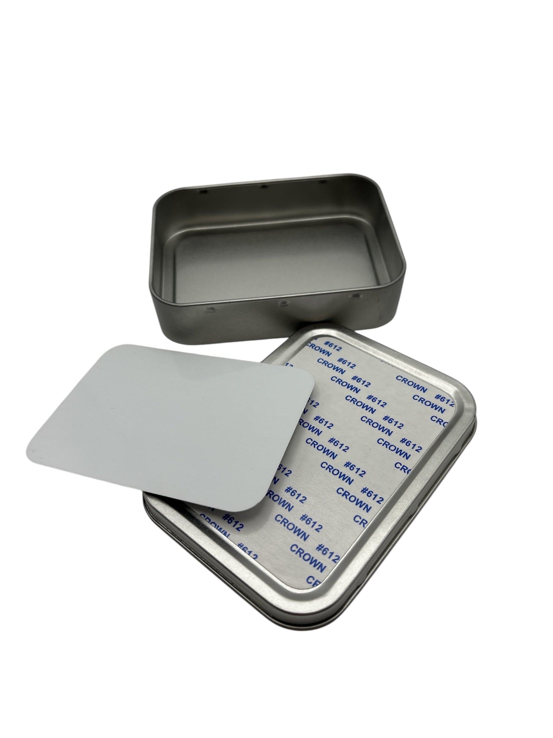 Open small aluminium sublimation tin with removable lid, perfect for personalized mobile phone case storage or decorative use.