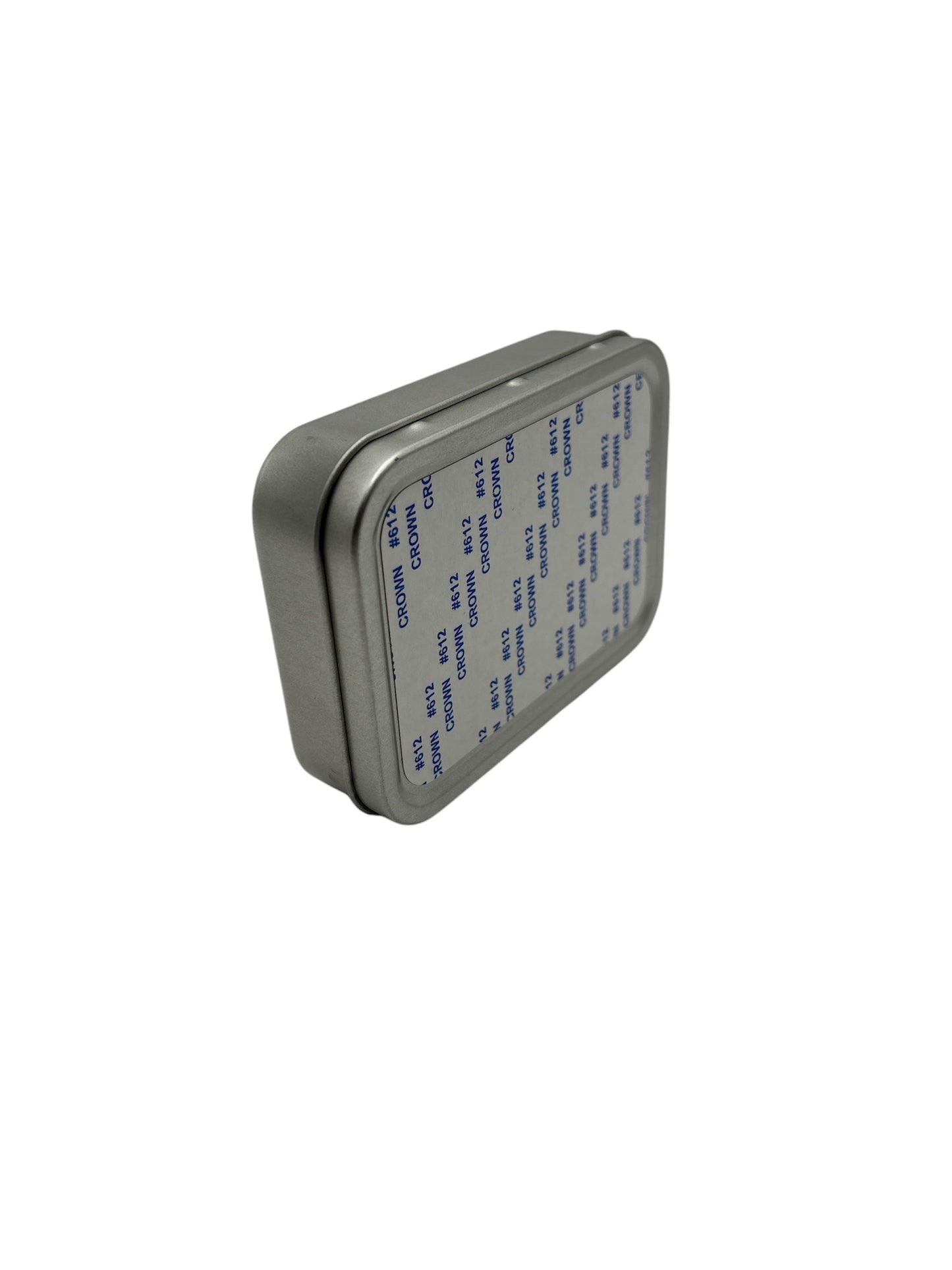 Compact rectangle sublimation metal tin shown upright, designed for custom printing and storing mobile phone accessories or small items.