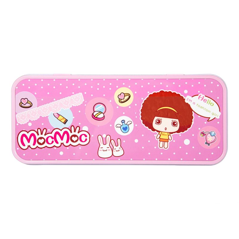 Pink metal tin pencil case for sublimation or laser engraving with cartoon designs and polka dots
