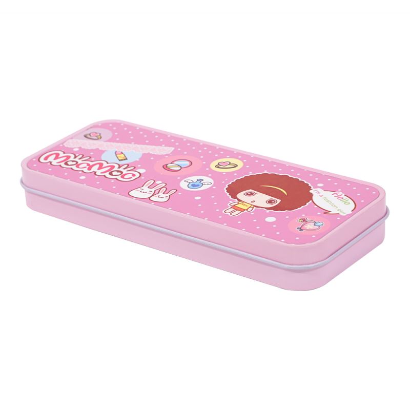 Pink metal tin pencil case with cute cartoon graphics, ideal for sublimation or laser engraving