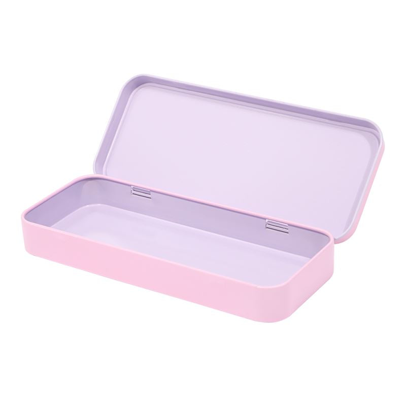 Pink metal tin box for sublimation or laser engraving, open and empty on white background