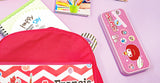 Pink metal stationery tin with cartoon design on a pastel desk, ideal for sublimation or laser engraving supplies