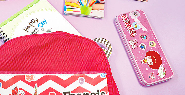Pink metal stationery tin with cartoon design on a pastel desk, ideal for sublimation or laser engraving supplies