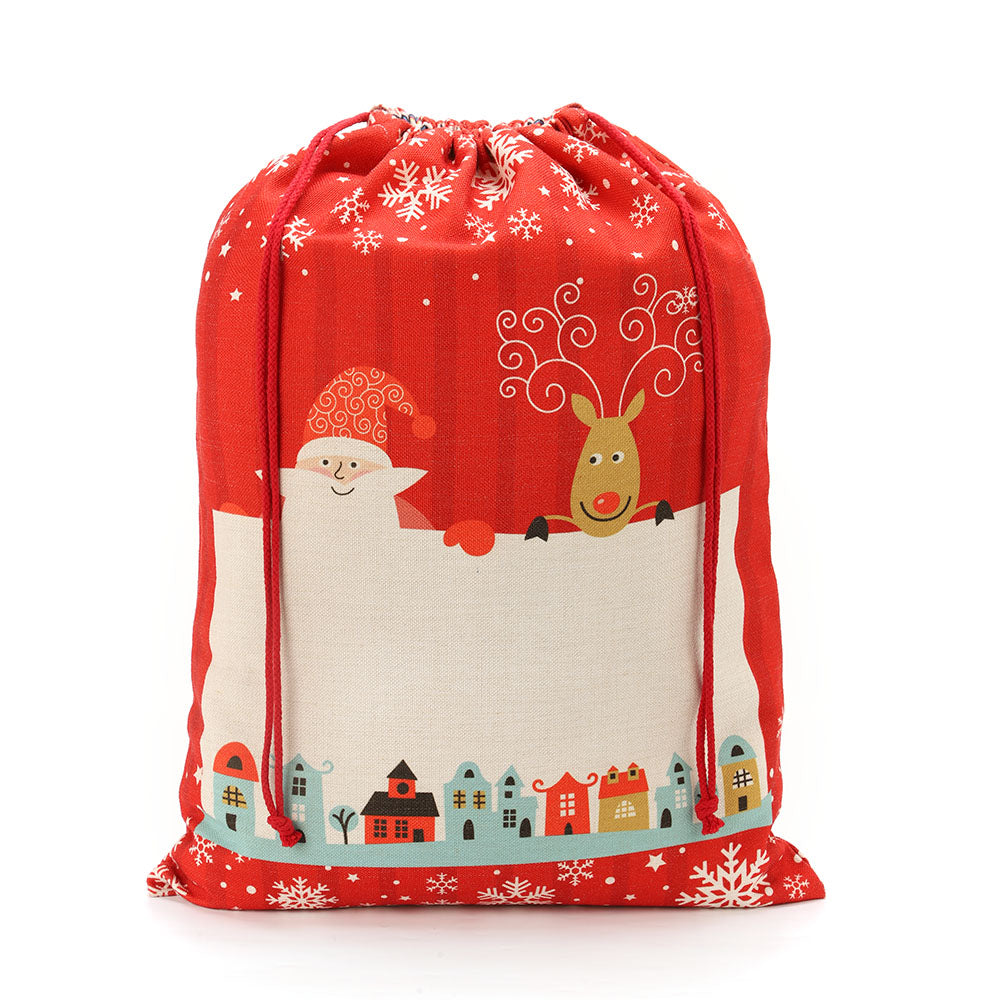 Red linen Christmas drawstring sack with Santa, reindeer, snowflakes, and festive village print