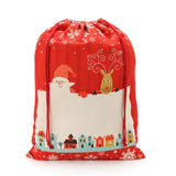 Red linen Christmas drawstring sack with Santa, reindeer, snowflakes, and festive village print